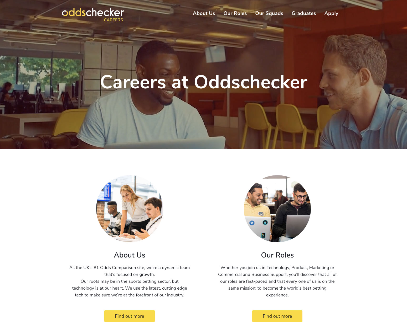 Screen grab of Oddschecker Careers website homepage